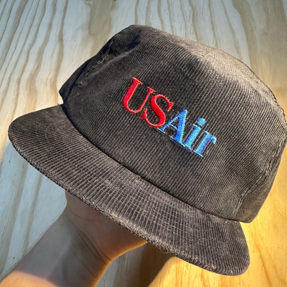 Vintage USAir Swingster Corduroy Snapback Hat Navy Blue Made in USA OSFM